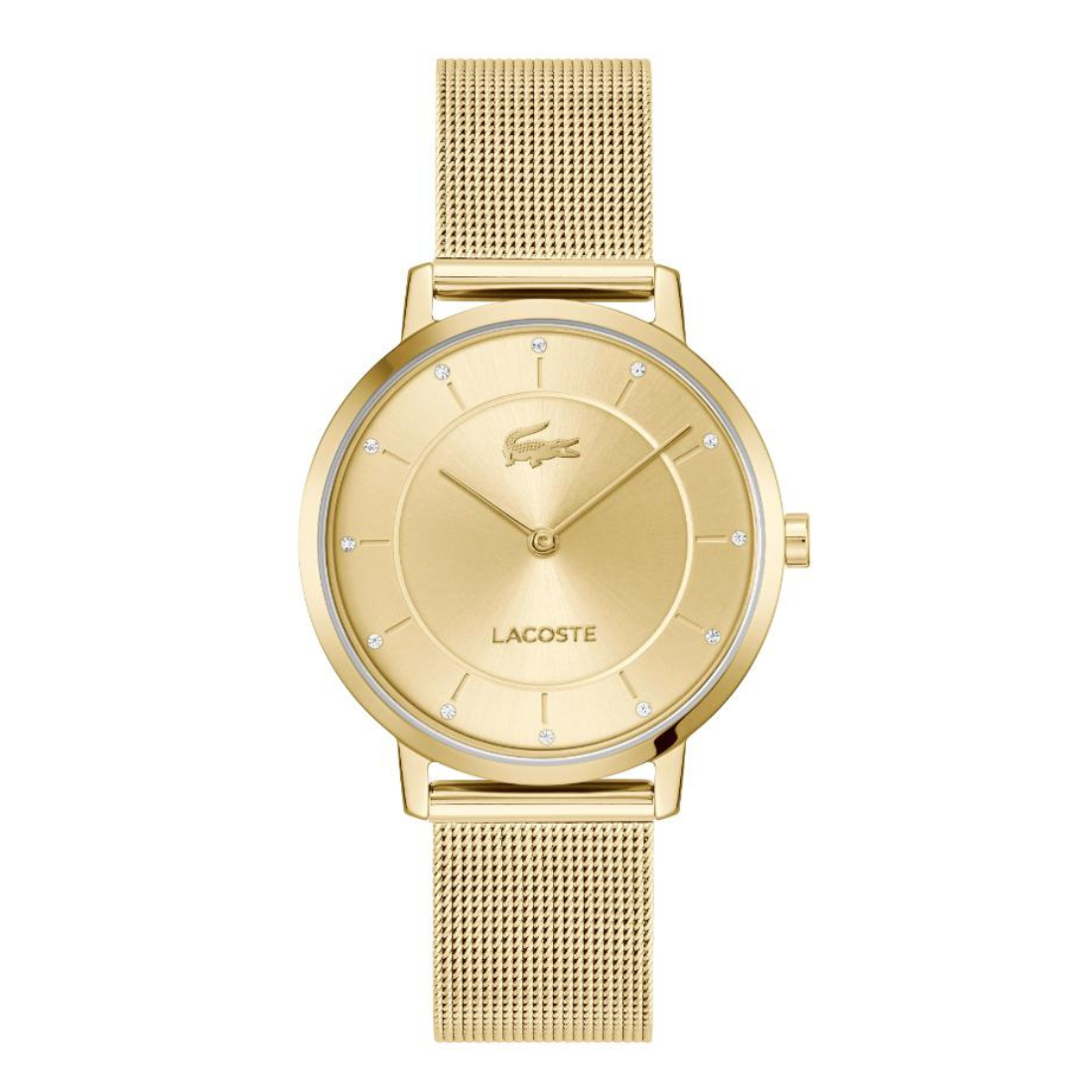 A gold-tone Lacoste watch with a round dial, crystal hour markers, and a matching gold mesh strap, shown against a plain white background.