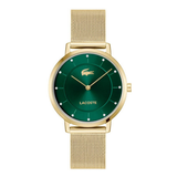 Lacoste watch with a round green dial, gold-tone case, and a matching gold-tone mesh strap, shown on a plain white background.