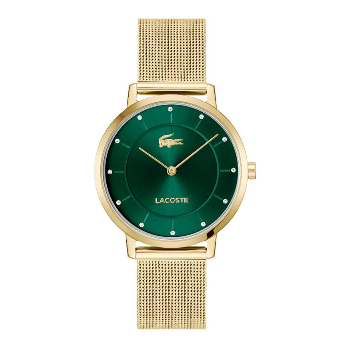 Lacoste watch with a round green dial, gold-tone case, and a matching gold-tone mesh strap, shown on a plain white background.