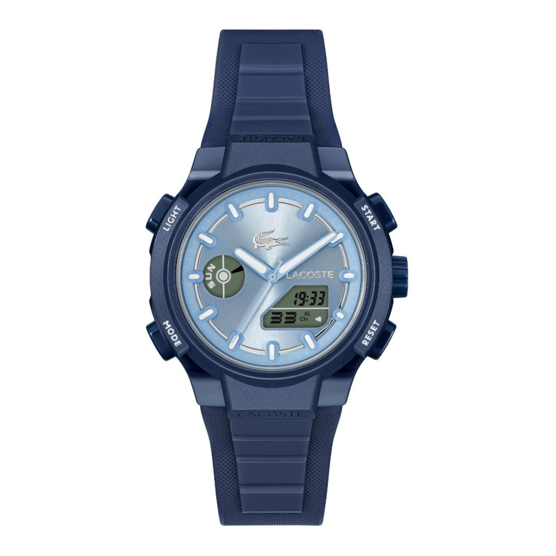 A Lacoste sport watch with a dark blue textured resin case and strap, featuring a light blue analog dial with white hands and markers, and a digital display on the face.