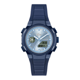 A Lacoste sport watch with a dark blue textured resin case and strap, featuring a light blue analog dial with white hands and markers, and a digital display on the face.