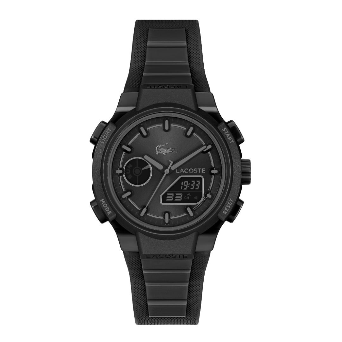 A black Lacoste analog watch with a textured rubber strap, black case, and a digital display on the dial, shown against a plain white background.