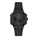 A black Lacoste analog watch with a textured rubber strap, black case, and a digital display on the dial, shown against a plain white background.