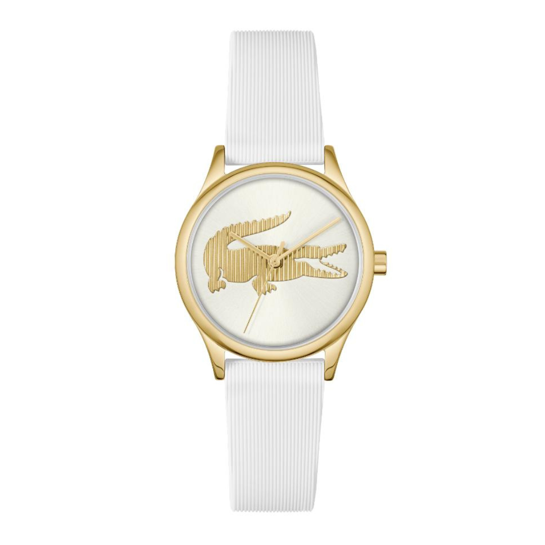 A luxury watch featuring a white textured strap, a gold-tone case, and a white dial with a gold-tone Lacoste crocodile logo.