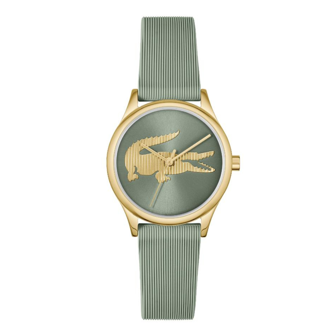 A luxury watch featuring a textured sage green dial and matching green pleated strap, accented by a gold-tone case and the iconic crocodile logo on the dial.
