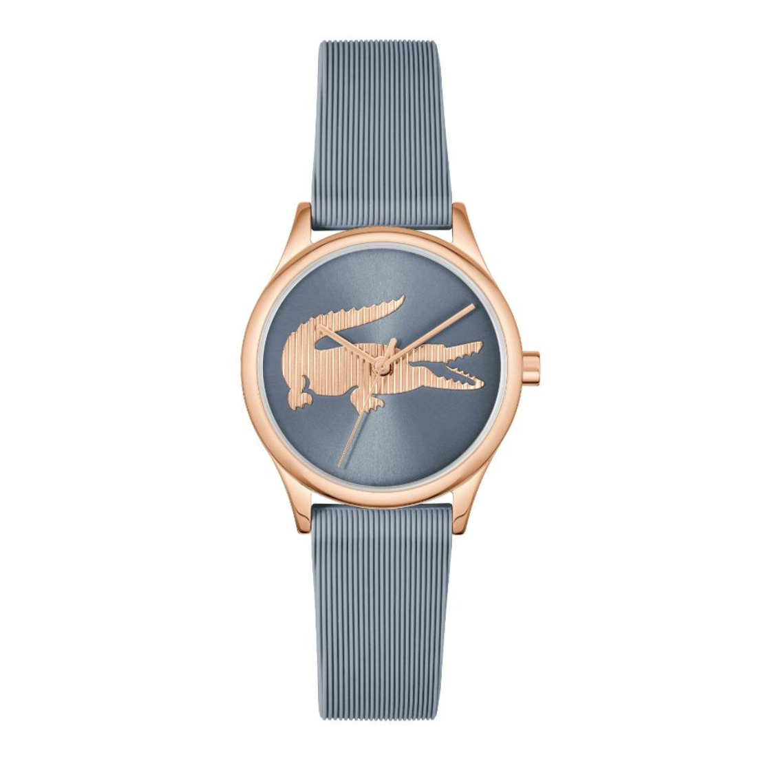 A women's watch featuring a round rose gold case, a textured slate blue dial with a raised crocodile logo, and a matching slate blue ribbed fabric strap, shown against a plain white background.