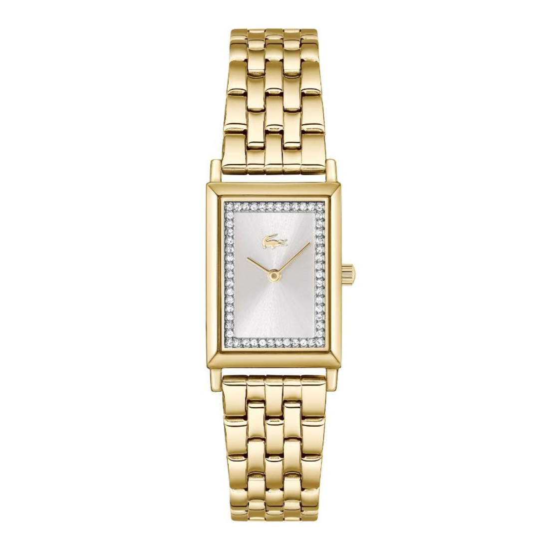 A gold-tone women's watch with a rectangular bezel set with small clear crystals, a silver-white dial with gold hands and the Lacoste crocodile logo, and a matching gold-tone link bracelet, shown on a plain white background.
