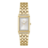 A gold-tone women's watch with a rectangular bezel set with small clear crystals, a silver-white dial with gold hands and the Lacoste crocodile logo, and a matching gold-tone link bracelet, shown on a plain white background.