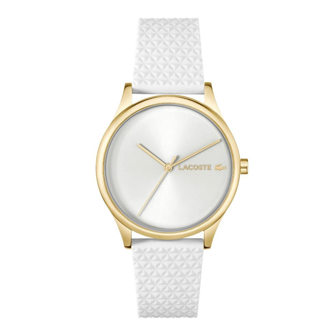 A Lacoste watch with a round gold-tone case, a white dial with gold hands, and a textured white silicone strap, shown against a plain white background.