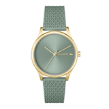 Lacoste watch with a round gold-tone case, a muted sage green dial, and a textured sage green strap, shown against a plain white background.