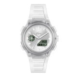 A Lacoste watch with a translucent white resin case, white silicone strap, and a white dial featuring a green digital display window.
