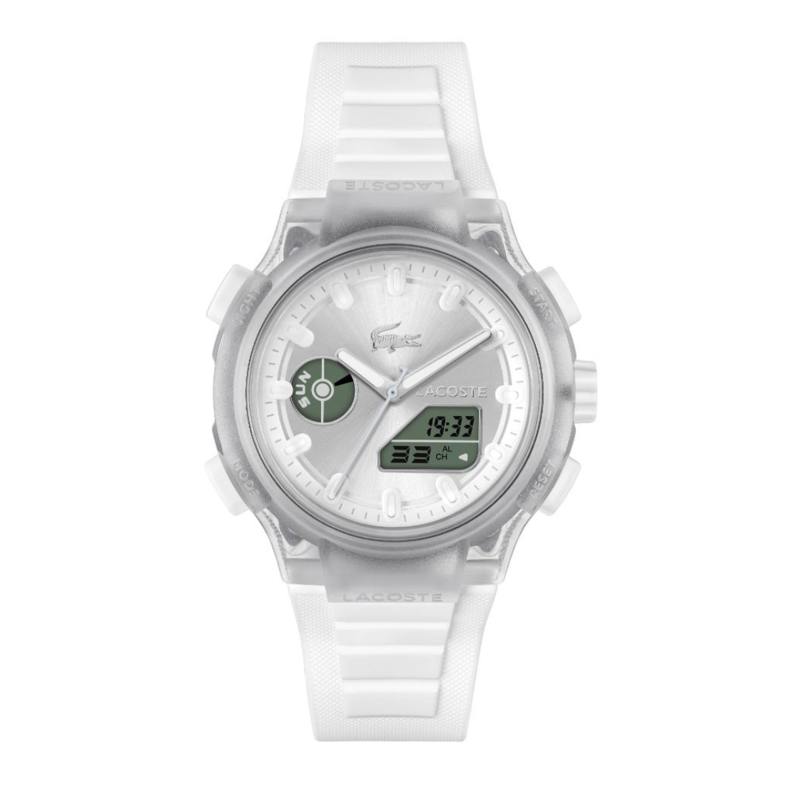 A Lacoste watch with a translucent white resin case, white silicone strap, and a white dial featuring a green digital display window.