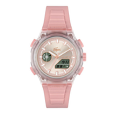 A Lacoste digital watch with a translucent pink strap, a clear case, and a pink dial with a green accent sub-dial.