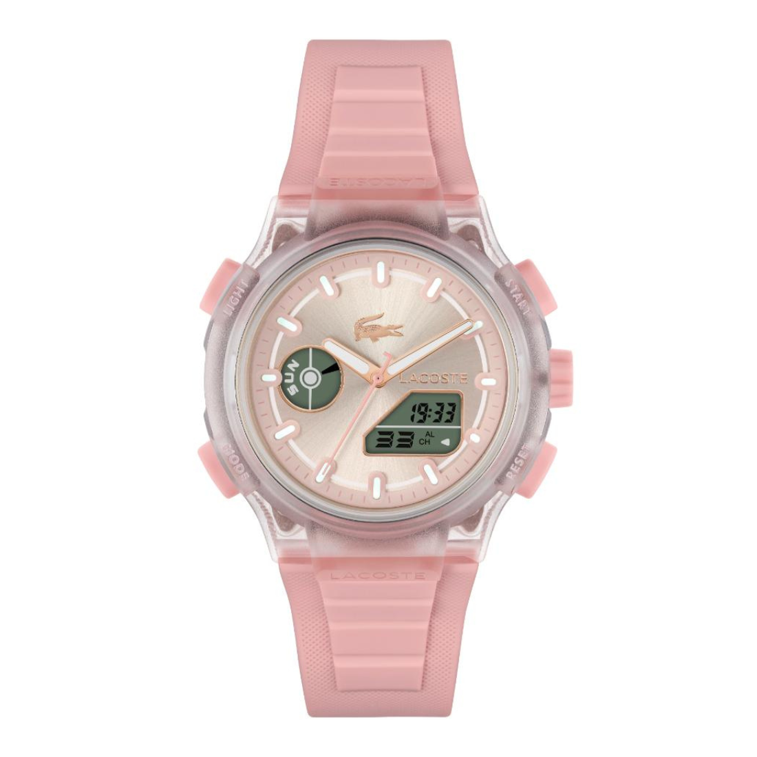 A Lacoste digital watch with a translucent pink strap, a clear case, and a pink dial with a green accent sub-dial.