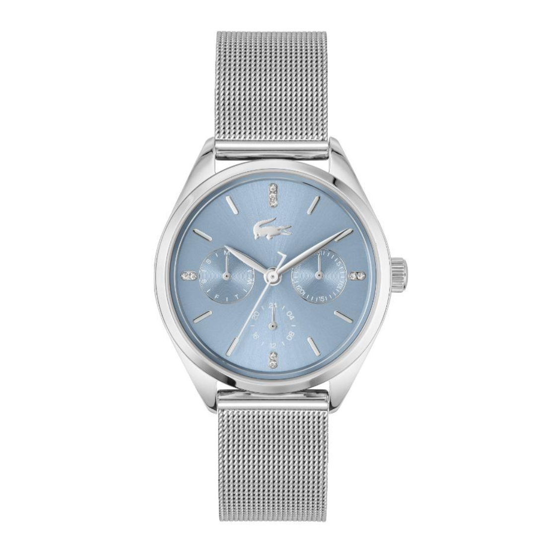 A silver-tone Lacoste watch with a light blue dial and a matching silver mesh strap, shown against a plain white background.