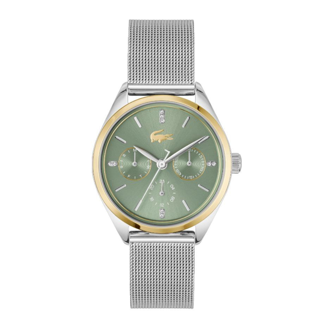 A Lacoste watch with a silver-tone stainless steel mesh strap, a round silver-tone case with a gold-tone bezel, and a sage green dial featuring the brand's crocodile logo.
