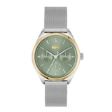 A Lacoste watch with a silver-tone stainless steel mesh strap, a round silver-tone case with a gold-tone bezel, and a sage green dial featuring the brand's crocodile logo.