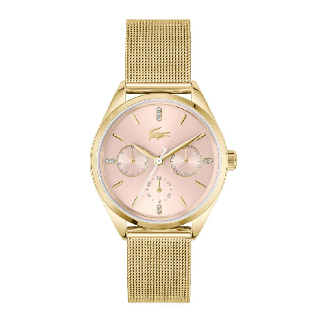 A gold-tone women's watch with a mesh strap, round case, and a pale pink dial featuring three subdials and crystal hour markers.