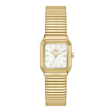 A gold-tone Lacoste watch with an octagonal bezel, white dial, and a matching gold-tone fluted metal bracelet, shown against a plain white background.