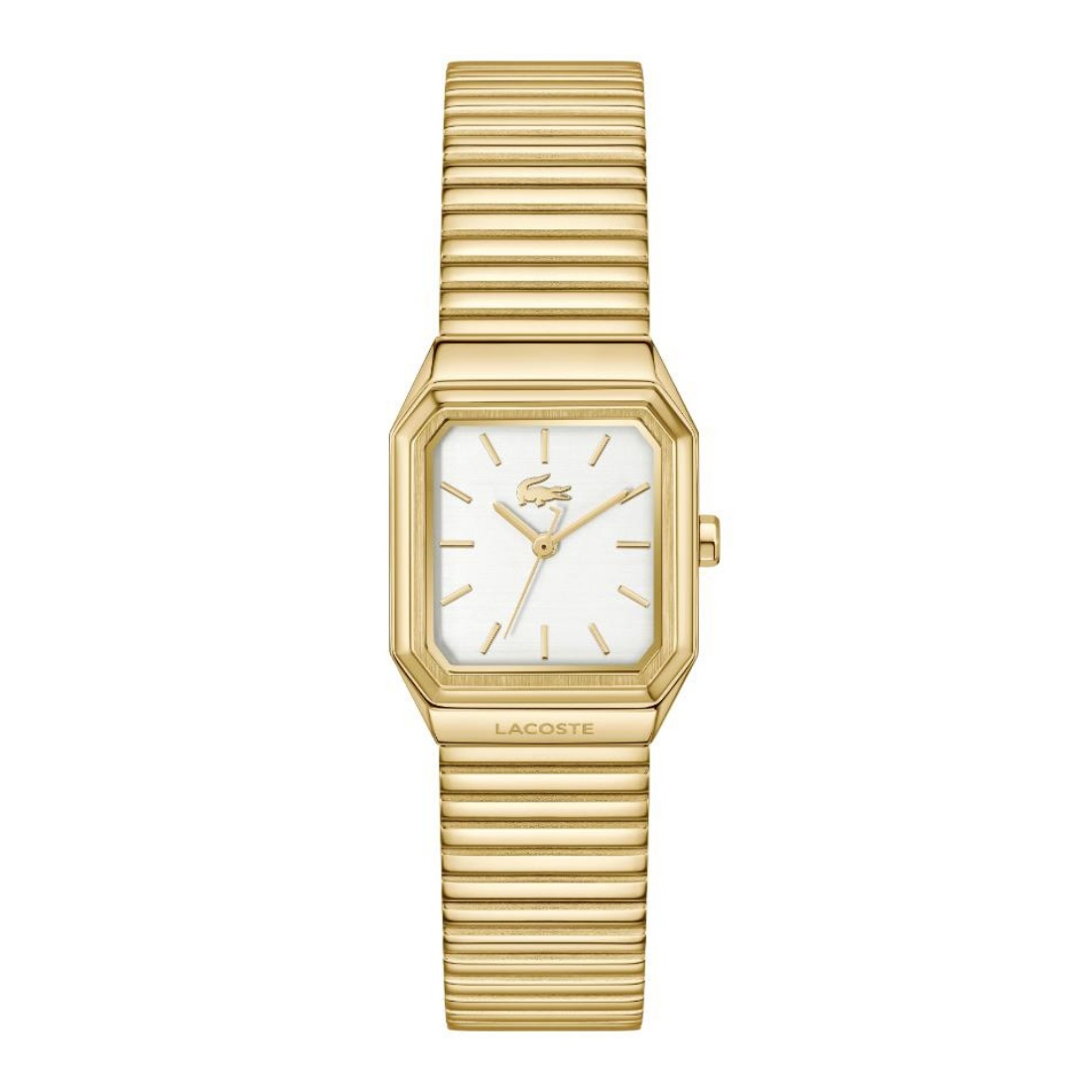 A gold-tone Lacoste watch with an octagonal bezel, white dial, and a matching gold-tone fluted metal bracelet, shown against a plain white background.