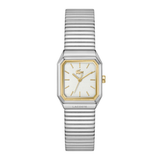 Lacoste women's watch featuring a silver-toned stainless steel case and integrated link bracelet, a white dial with gold-tone hands and indices, and the signature crocodile logo on the dial.