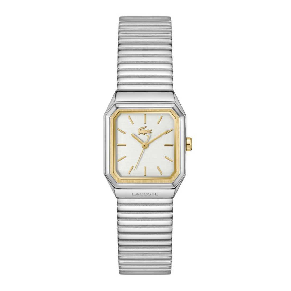 Lacoste women's watch featuring a silver-toned stainless steel case and integrated link bracelet, a white dial with gold-tone hands and indices, and the signature crocodile logo on the dial.