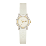 A Lacoste women's watch featuring a textured off-white silicone strap, a silver-toned case, and a gold-tone dial with the iconic crocodile logo.