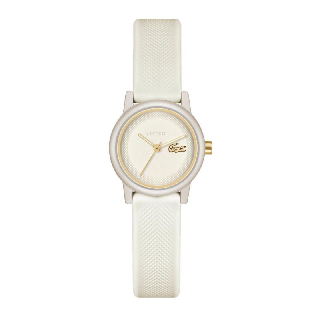 A Lacoste women's watch featuring a textured off-white silicone strap, a silver-toned case, and a gold-tone dial with the iconic crocodile logo.