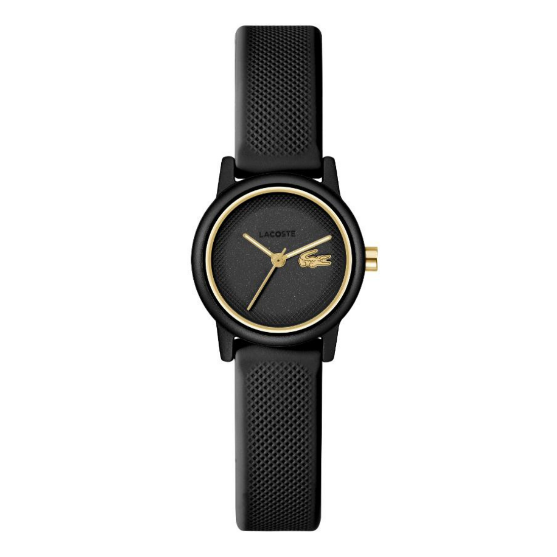 A Lacoste women's watch featuring a textured black strap, a black textured dial, and gold-tone hands, bezel, and logo.