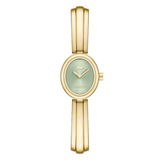 A Lacoste women's watch featuring a gold-plated bangle strap, an oval case, and a light green dial with gold hands.