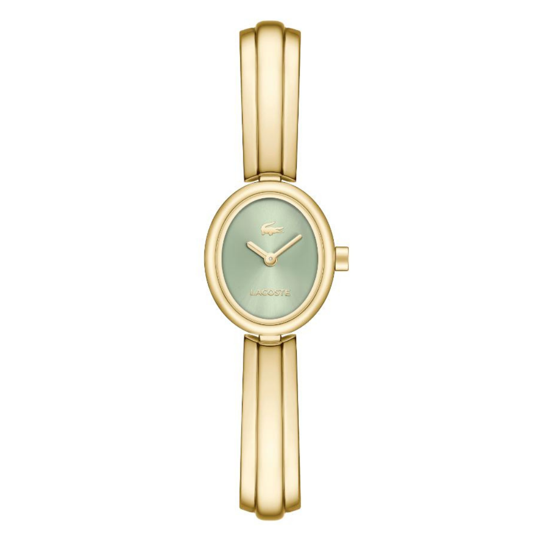 A Lacoste women's watch featuring a gold-plated bangle strap, an oval case, and a light green dial with gold hands.