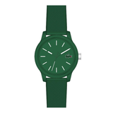 A green Lacoste watch with a matching green textured strap, featuring a minimalist dial with white indices and a silver-tone crown, shown against a plain white background.