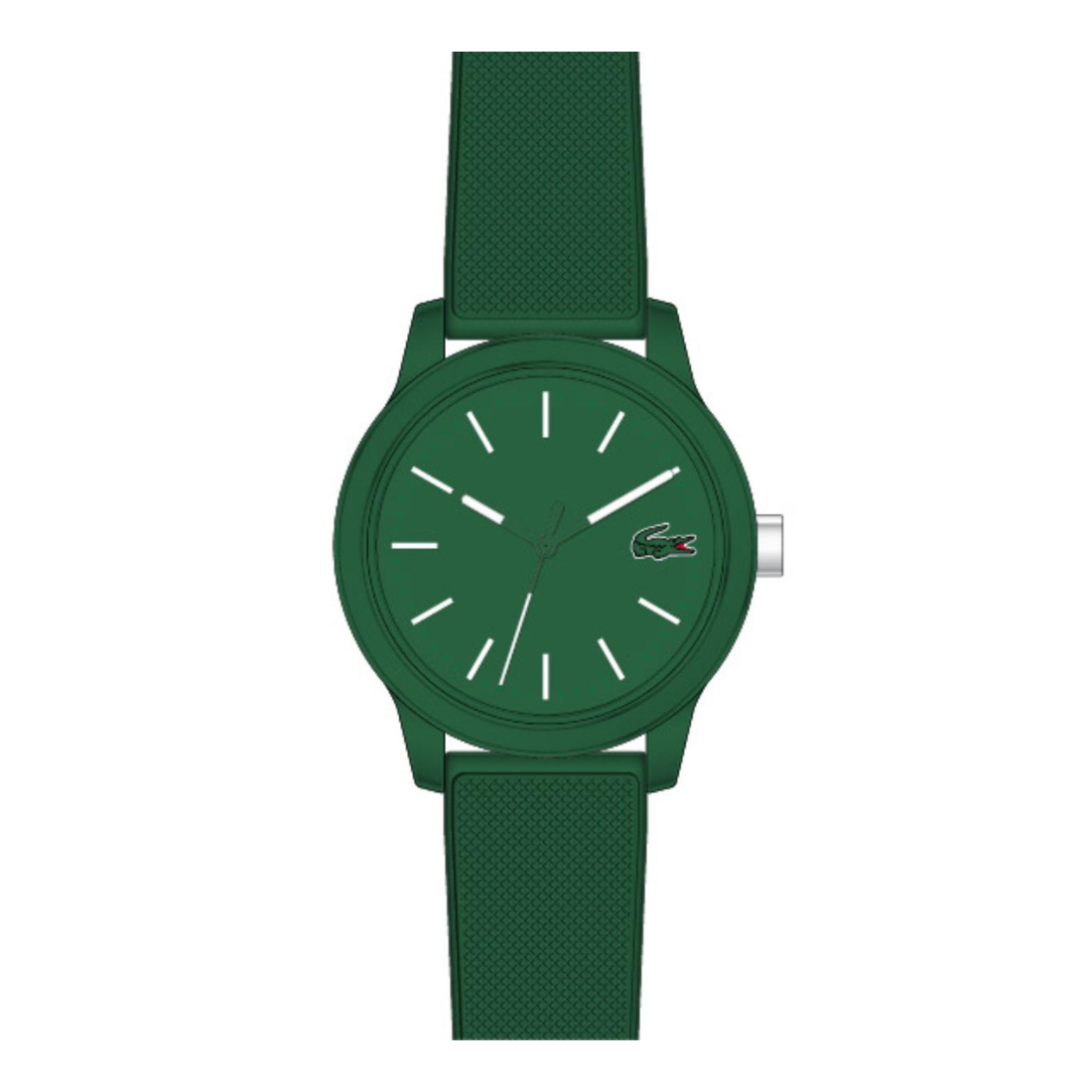 A green Lacoste watch with a matching green textured strap, featuring a minimalist dial with white indices and a silver-tone crown, shown against a plain white background.