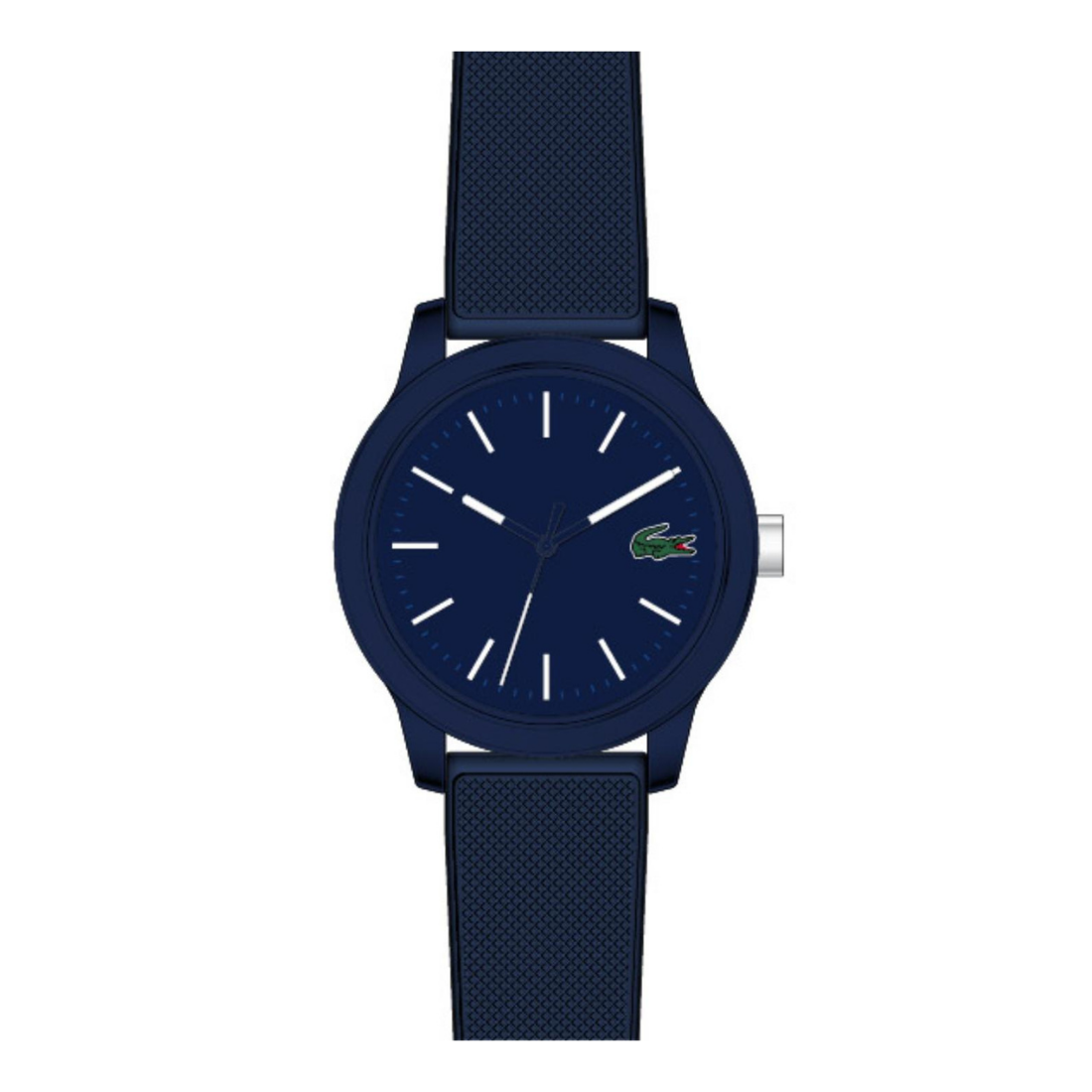 A Lacoste watch with a dark navy blue case, matching textured dial, and a dark navy blue silicone strap, featuring white stick indices and hands, and the signature crocodile logo on the dial.