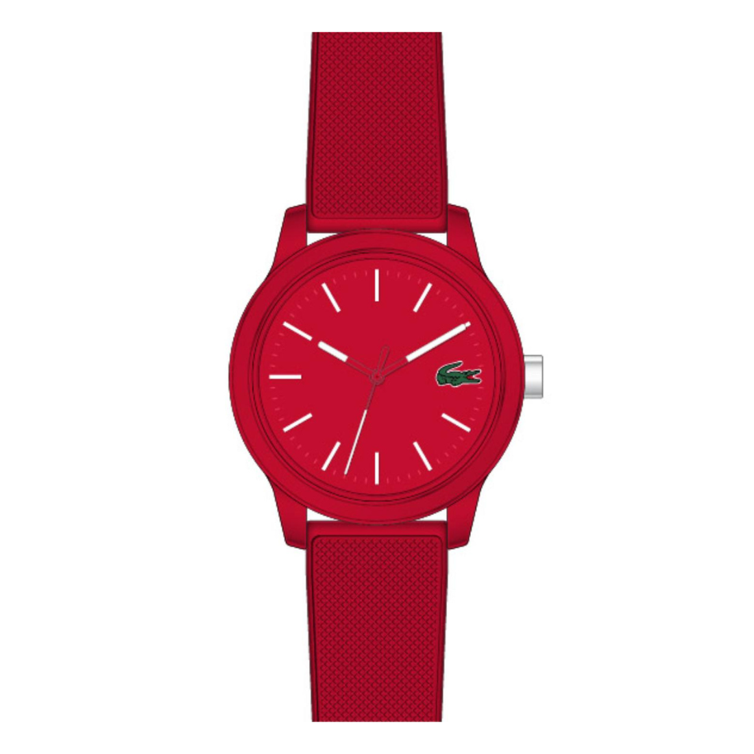 A red Lacoste watch with a textured silicone strap, a matching red dial, and white hands and indices, shown against a plain white background.
