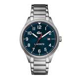 A Lacoste stainless steel watch with a dark blue dial, white Arabic numerals, silver-tone hands, and a red second hand, shown on a plain white background.