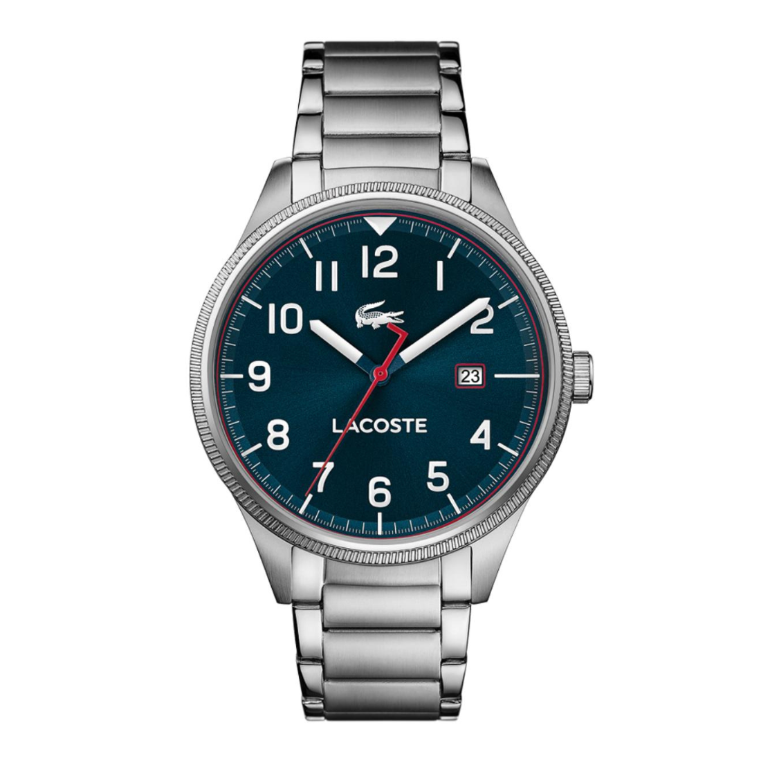 A Lacoste stainless steel watch with a dark blue dial, white Arabic numerals, silver-tone hands, and a red second hand, shown on a plain white background.
