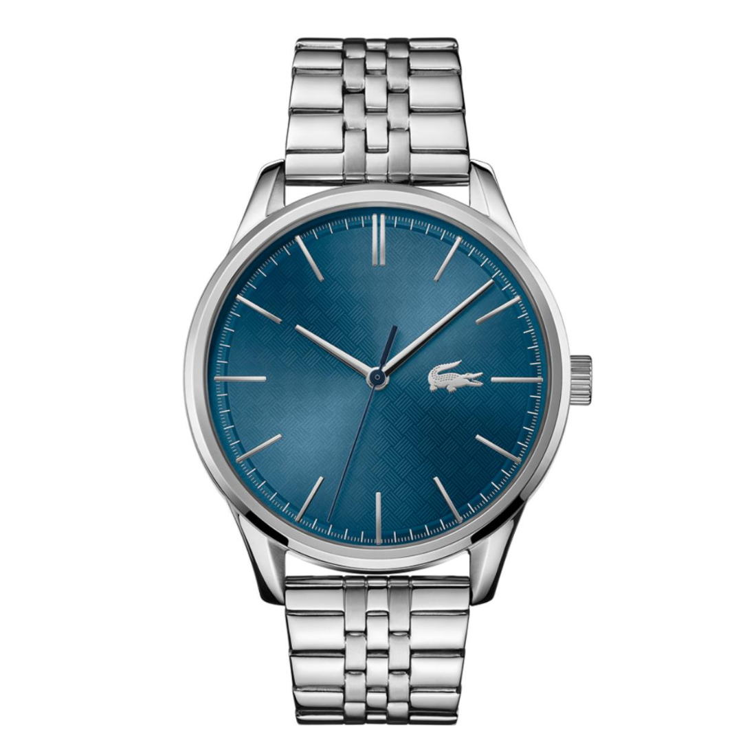 A silver-tone stainless steel wrist watch with a textured blue dial and the iconic green Lacoste crocodile logo at 3 o'clock, set against a plain white background.
