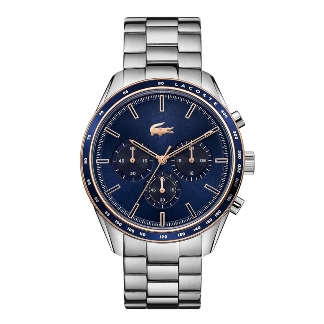 Lacoste stainless steel chronograph watch with a deep blue dial, blue bezel, and rose gold-tone accents, shown on a clean white background.