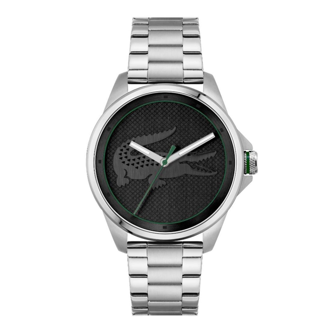 A silver stainless steel wristwatch with a black textured dial featuring a dark gray crocodile logo and a green second hand, shown on a plain white background.