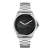 A silver stainless steel wristwatch with a black textured dial featuring a dark gray crocodile logo and a green second hand, shown on a plain white background.