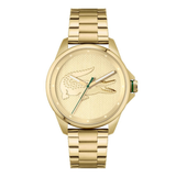 A luxury gold-tone watch featuring a textured dial with a crocodile logo, silver-tone hands, and a green second hand, paired with a matching gold-tone metal link bracelet.