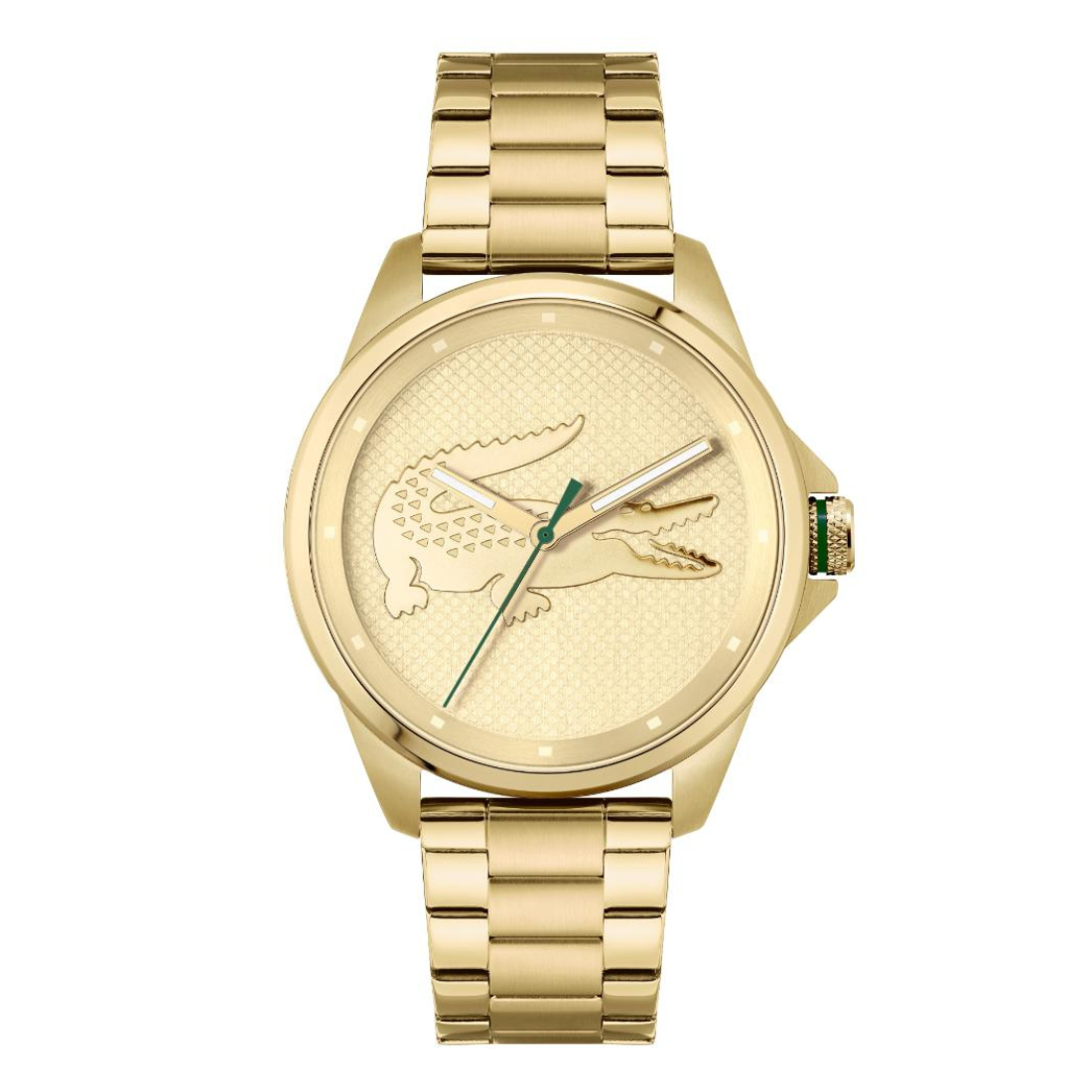 A luxury gold-tone watch featuring a textured dial with a crocodile logo, silver-tone hands, and a green second hand, paired with a matching gold-tone metal link bracelet.