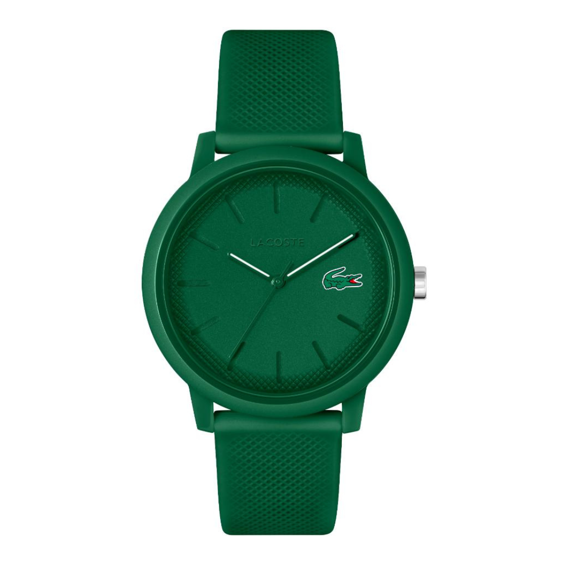 A green Lacoste watch with a textured silicone strap, matching green dial and case, and silver-tone hands, shown on a plain white background.