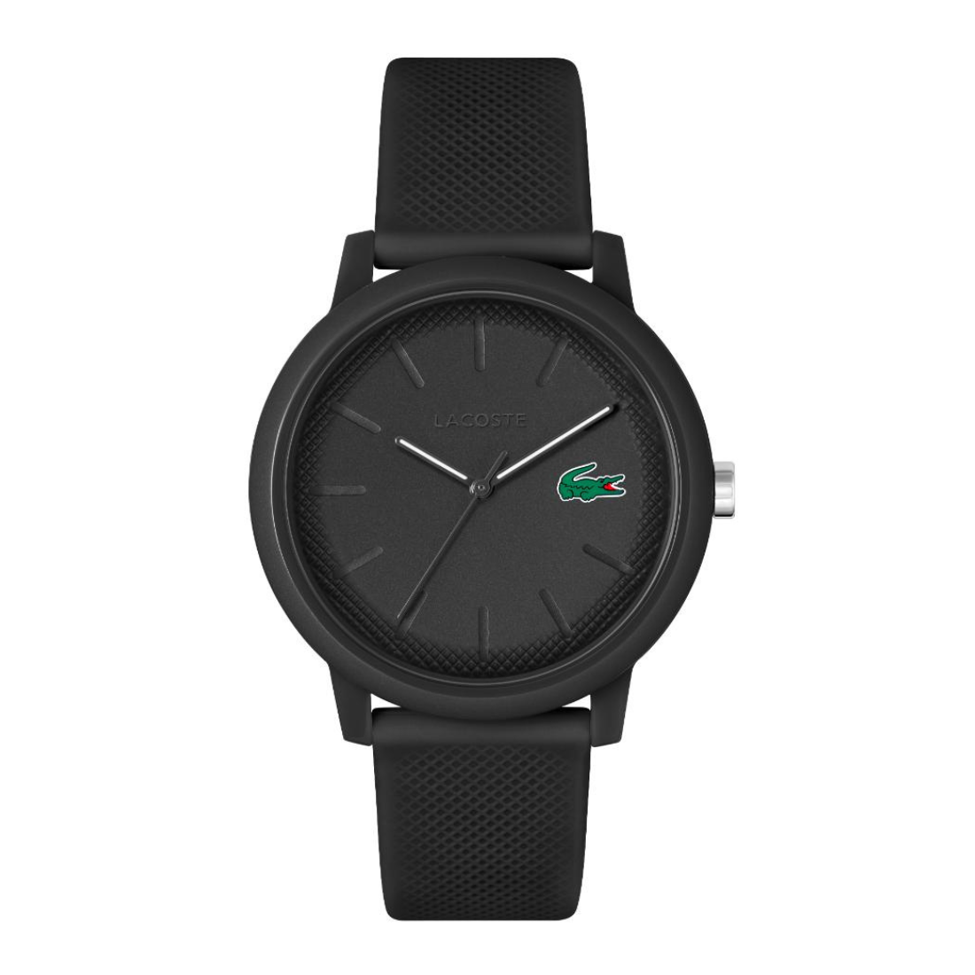A black Lacoste watch with a textured dial, black silicone strap, and the signature green crocodile logo on the dial, shown against a plain white background.
