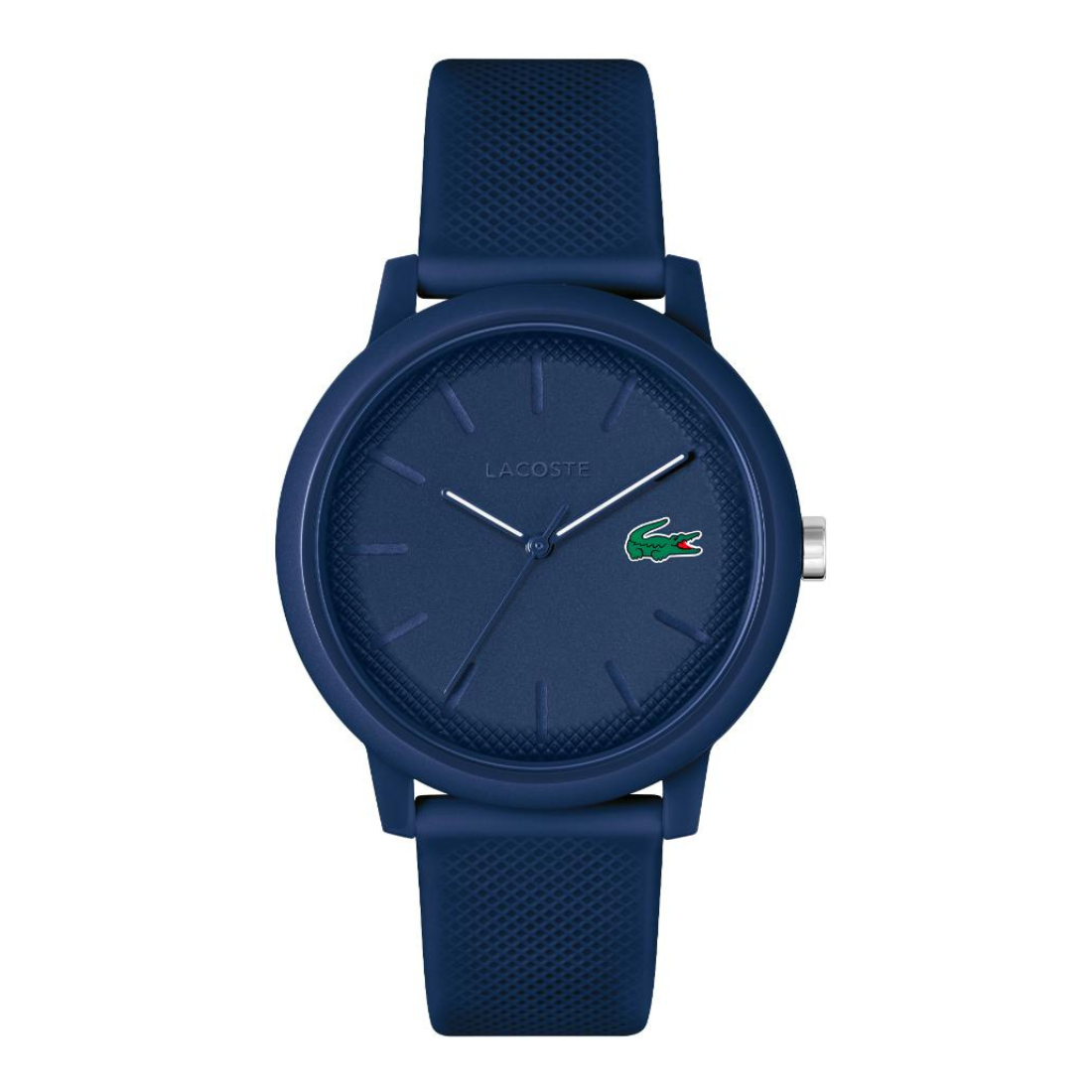 A Lacoste watch with a dark blue textured silicone strap, matching blue round case, and a blue dial featuring the iconic green crocodile logo.