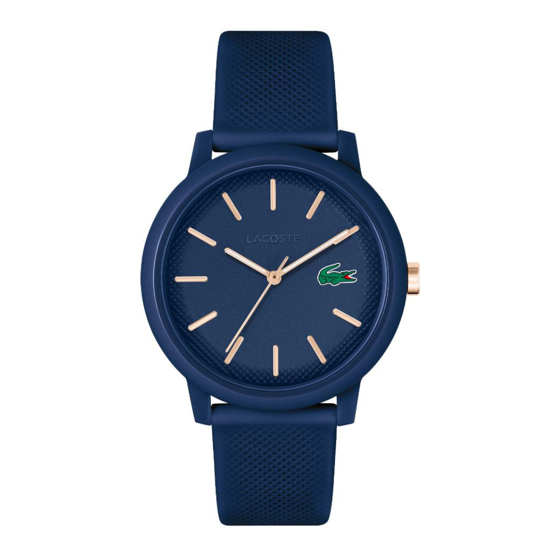 A Lacoste watch with a textured navy blue silicone strap and matching blue dial, featuring rose gold-tone hands and hour markers, and the signature crocodile logo on the dial.