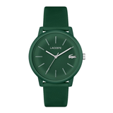 A Lacoste watch with a dark green textured silicone strap, matching green round case, and a green dial with silver-tone hands and stick indices.