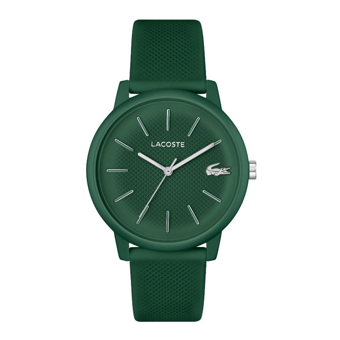 A Lacoste watch with a dark green textured silicone strap, matching green round case, and a green dial with silver-tone hands and stick indices.