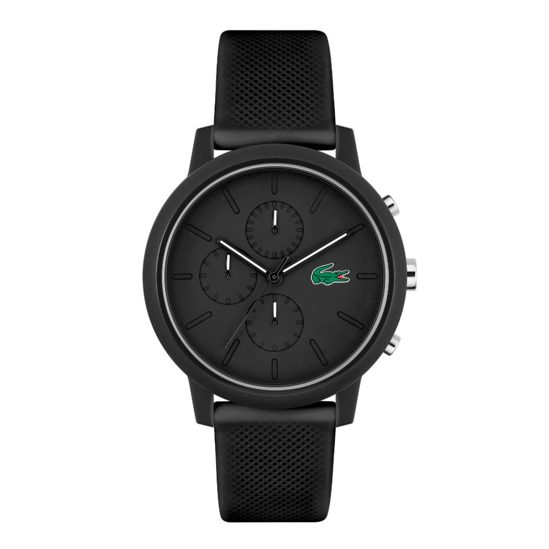 A black Lacoste chronograph watch with a textured silicone strap, black dial, and the signature green crocodile logo at 3 o'clock, shown against a plain white background.
